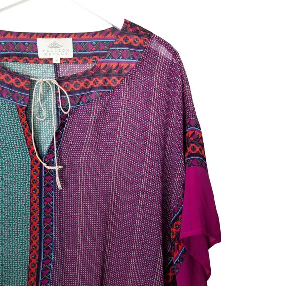 Madison Marcus 100% Silk Poncho Blouse Multicolor Geo Boho V-neck - Size M - Picture 2 of 5
